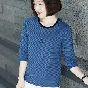 中袖上衣女7分袖蓝条纹纯棉七分袖t恤宽松中年妈妈春装全棉打底衫