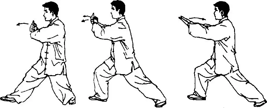 此"揽雀尾"动作由搠,捋,挤,按4种技法所组成