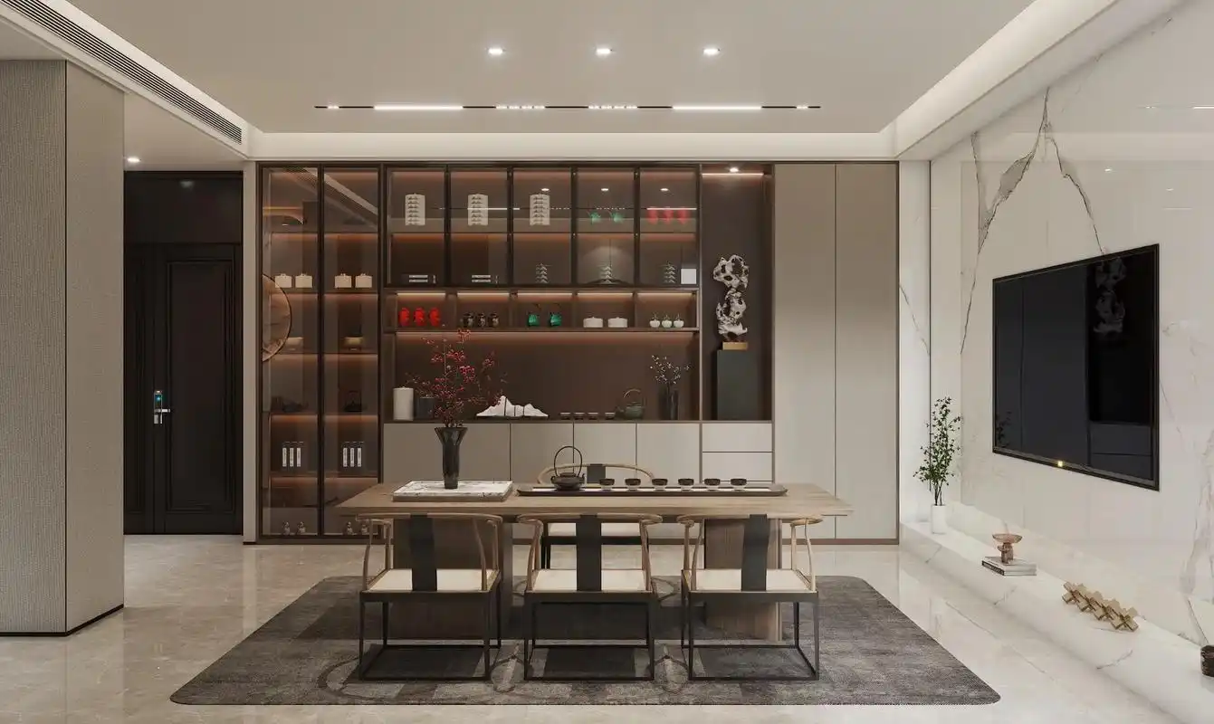 新中式茶室书房.分享一下以前的作品#效果图表现 #客厅装修效 - 抖音