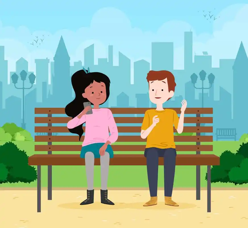 创意长椅上交谈的男女矢量素材