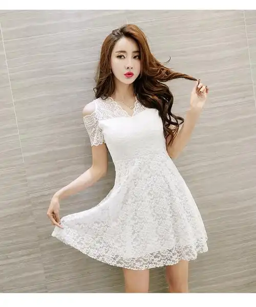 pq13572# 新款蕾丝吊带露肩连衣裙夏季短袖v领性感蕾丝短裙子