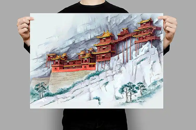 一座寺庙的手绘地图悬空寺手绘地图大地手绘出品