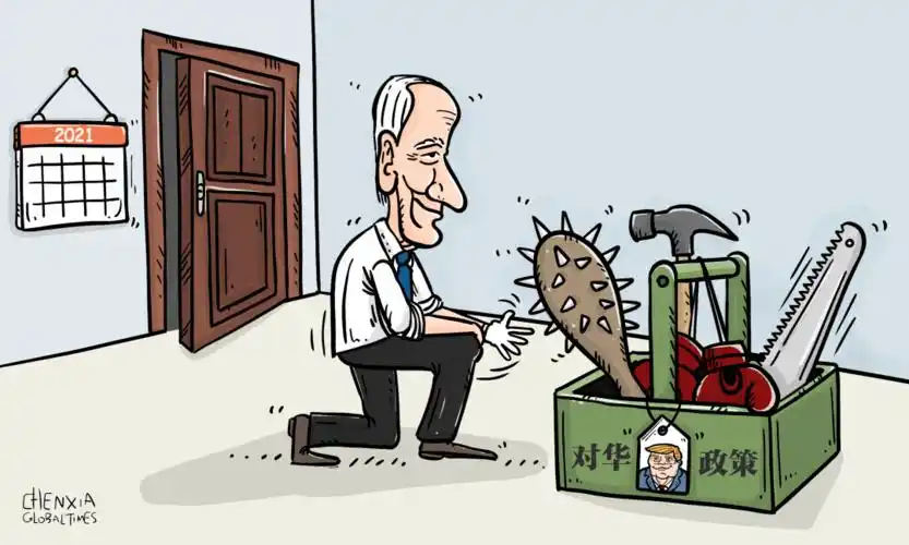 拜登政府几乎全盘继承了特朗普政府的反华制裁大棒.(漫画 | 陈霞)