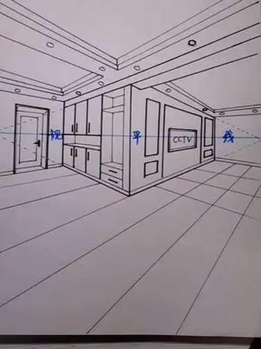 两点透视手绘客厅空间效果及画法