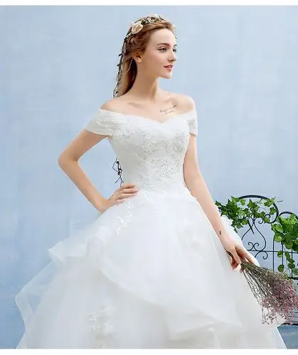 婚纱礼服2017新款韩式简约齐地大码新娘婚礼一字肩蕾丝蓬蓬裙修身