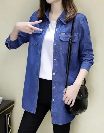 衬衫女长袖学生韩版宽松中长款春秋衬衣外套薄打底上衣潮sn0641深蓝色