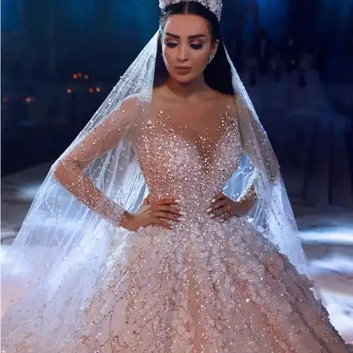 oem豪华可拆卸火车串珠水晶新娘婚纱婚纱礼服美人鱼长袖新娘连衣裙