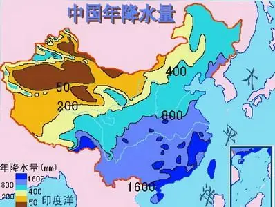 图2 中国降水量分布图(和图1对照,50mm降水量的地区大部分是流动