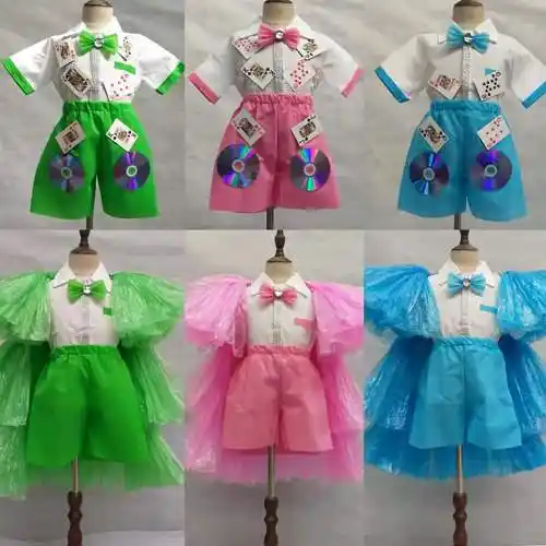 儿童男孩环保服装手工材料塑料袋光盘制作亲子环保时装走秀服装
