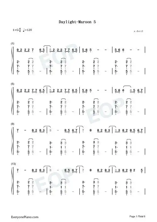 daylight-maroon 5双手简谱预览1