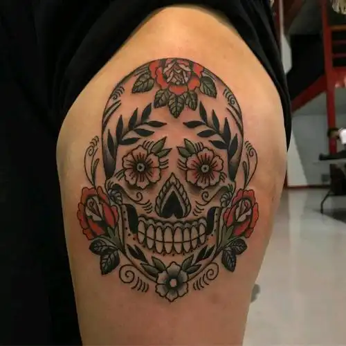 大腿欧美oldschool风格糖骷髅纹身图案