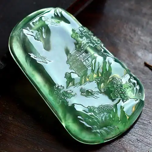 秀色江南 大师作品 玻璃种浅绿峻峭山水牌* 天然a货翡翠30.00克