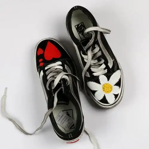 feiyue飞跃权志龙gd涂鸦鞋男做旧黑白经典情侣鞋手绘雏菊太阳花帆布鞋
