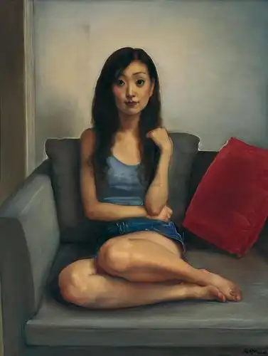 08492002年作沙发上的小蔚布面油画