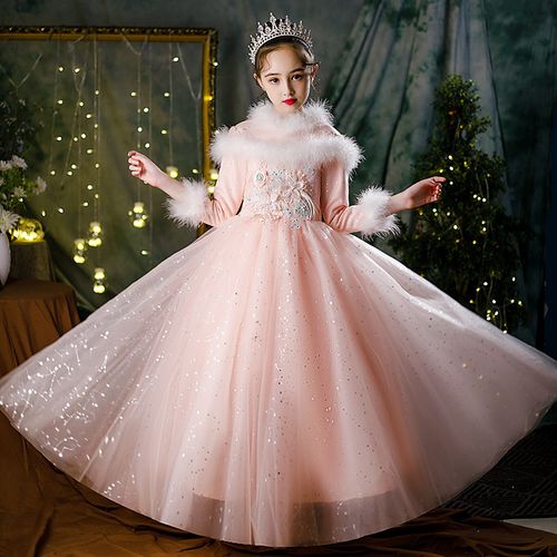 女童礼服婚礼蓬蓬纱儿童主持人加厚保暖公主裙花童钢琴演出服冬款