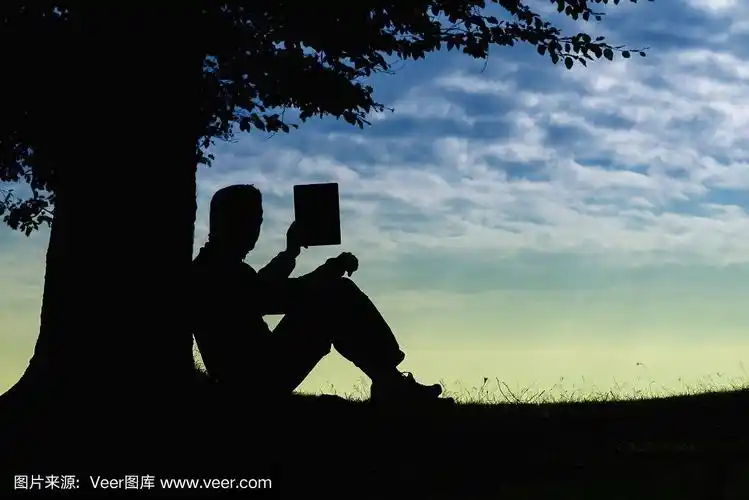 一个人的剪影坐在树下,在户外用写字板拍照