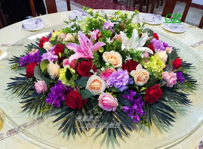 圆桌仿真花酒店大餐桌摆花假花装饰花艺电动桌圆形桌花饭店餐桌花
