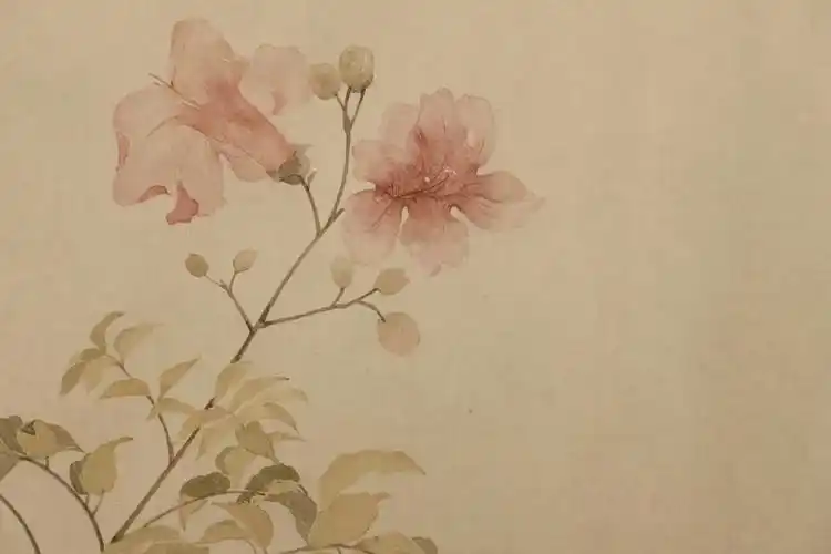 国画没骨粉色凌霄花未完成
