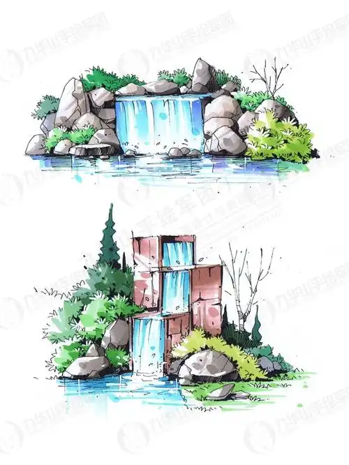 风景园林景观水体元素马克笔上色附线稿
