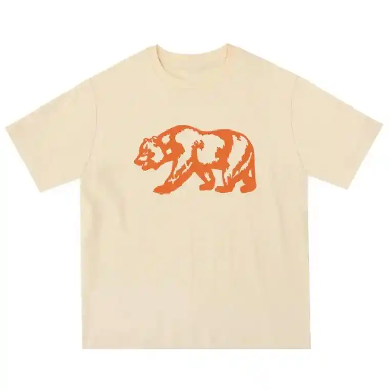 胸前橙色熊图案印花杏色短袖t恤全码