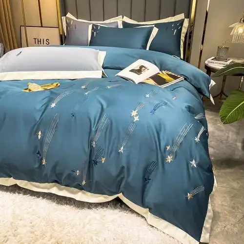 简约轻奢风100纯棉四件套精美刺绣全棉被套18床笠款床上用品4