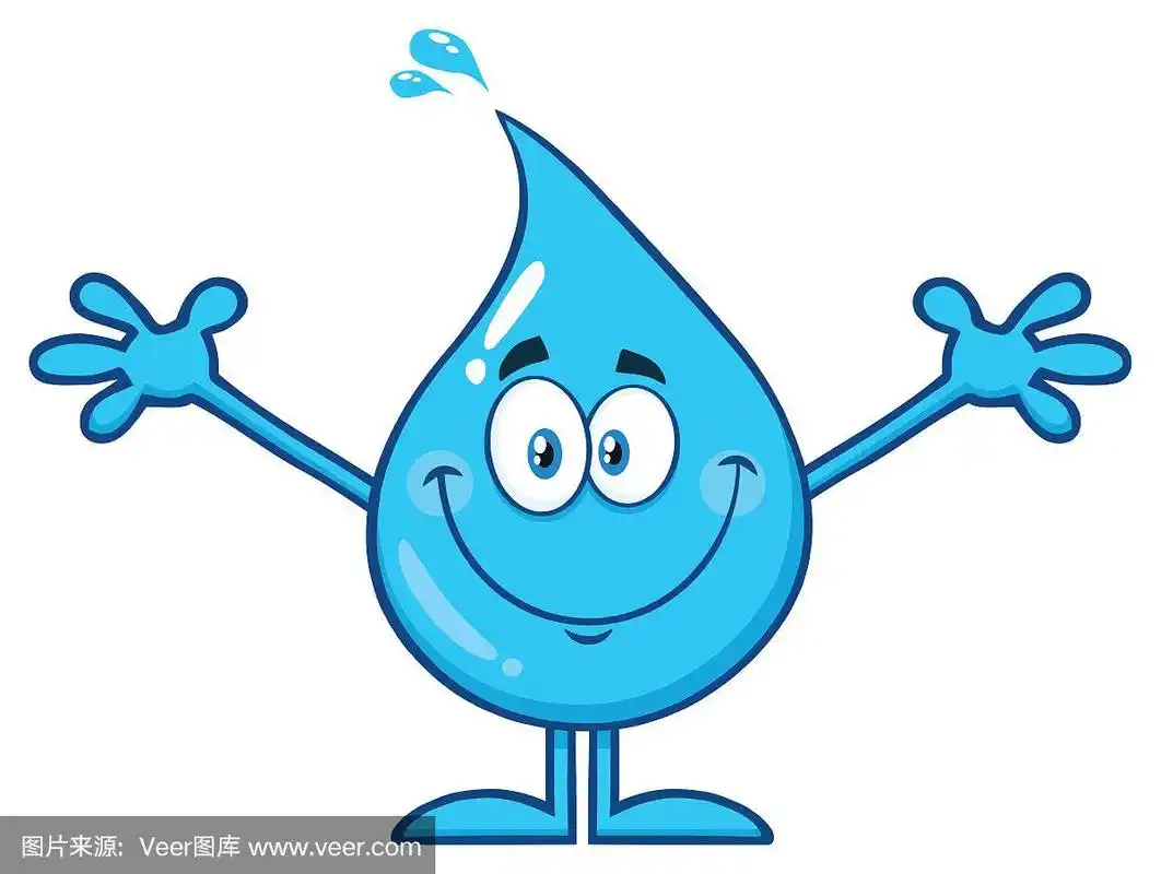 可爱的蓝色水滴卡通吉祥物人物张开双臂