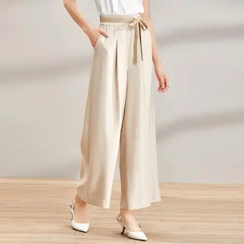 欧昵雪新款气质女裤子时尚百搭蝴蝶结系带阔腿裤高腰
