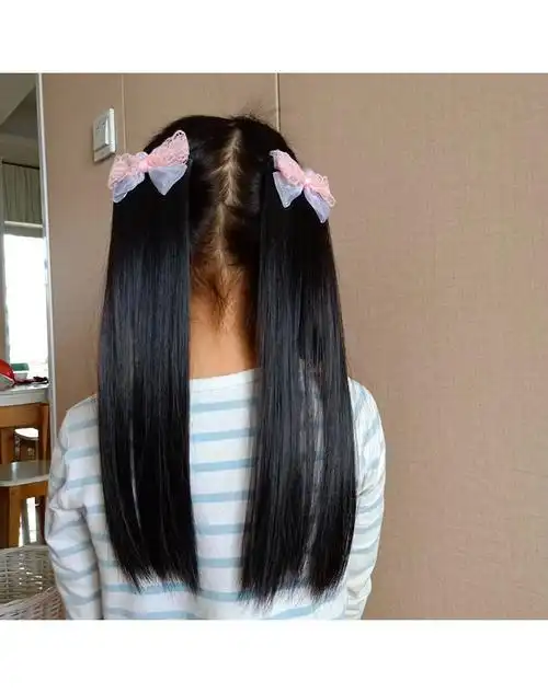 小女孩公主蝴蝶结长直发双马尾可爱萝莉女童马尾辫子 粉色蕾丝双层