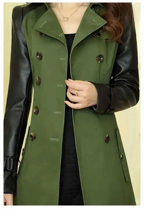 军绿色双排扣拼皮收腰风衣