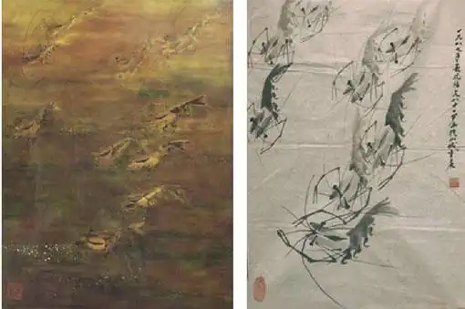 人物    左 沈福文:虾,漆画,20世纪80年代创作,2001年3月摄于四川美术