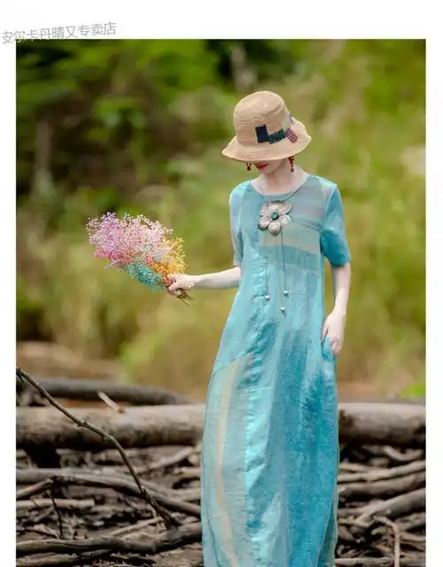 品牌女装文艺复古亚麻连衣裙女夏天宽松长款麻料休闲气质民族风棉麻