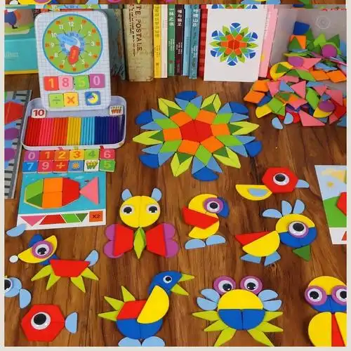 教具拼装教学七彩板智力拼图大童小学生七翘板七桥板几何难度礼.