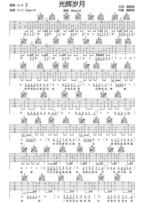 光辉岁月(女生吉他弹唱)吉他谱(图片谱,小鱼,女生,beyond)_beyond