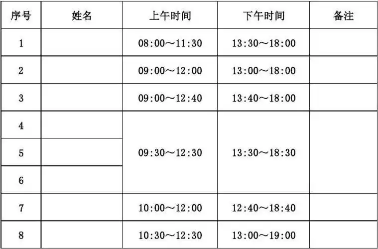 文档下载 所有分类 表格/模板 表格类模板 > 办公室员工上下班时间表