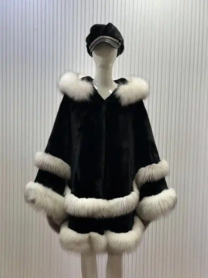 2023年新款冬水貂毛皮草外套斗篷披肩狐狸毛连帽貂皮大衣女款 - 抖音