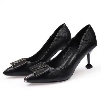 48小时发货柔曼佳2021秋季新款中跟真皮女鞋黑色小皮鞋职业高跟鞋细