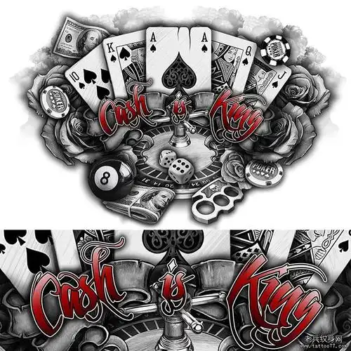 欧美扑克牌玫瑰花纹身图案