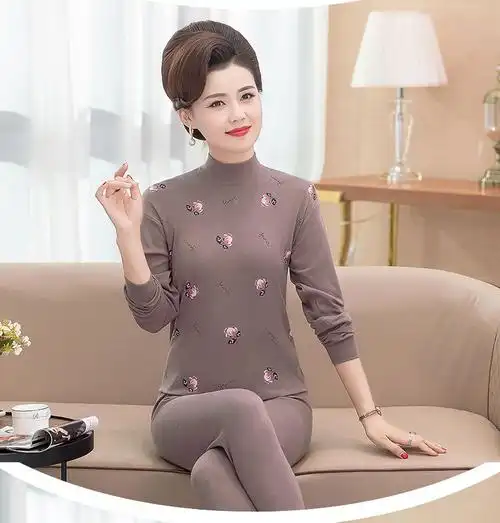高品质中年秋衣套装女2021新款妈妈秋衣秋裤纯棉女中老年保暖内衣老人