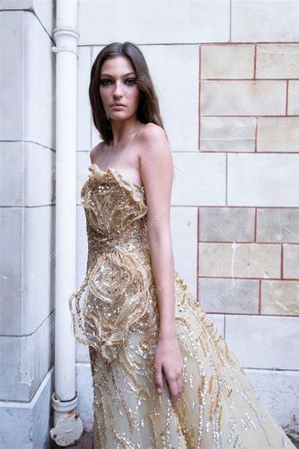 zuhairmurad新款香槟金色抹胸高开叉模特走秀红毯宴会礼服