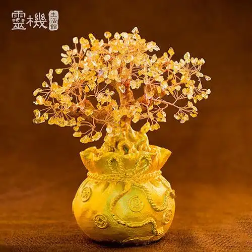 黄水晶钱袋摇钱树 招财摆件