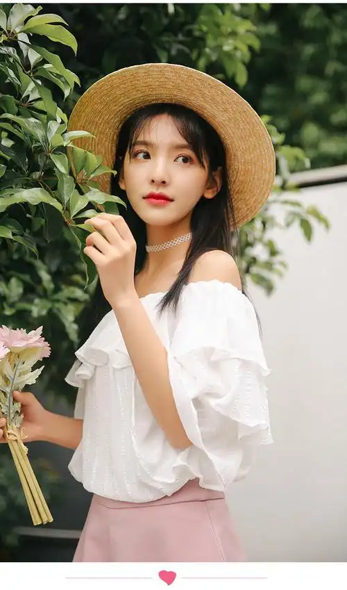 2018夏季新款荷叶边雪纺衫 宽松纯色一字肩喇叭袖韩版甜美七分袖