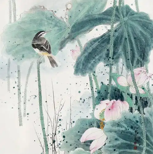 0400 2003年作 工笔荷花小鸟 镜片 设色纸本