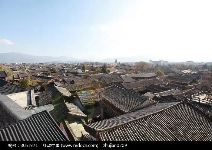 云南丽江古城俯视屋顶全景图
