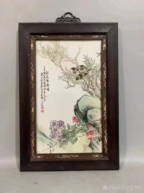 珠山八友程意亭花鸟瓷板. 外框高度55厘米,宽度37厘米.