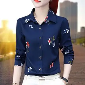 雪纺印花衬衫女长袖2024春秋新款中年妈妈打底衬衣洋气百搭减龄衬