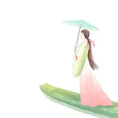 彩色小船手绘人物古代女子人物背影png素材元素