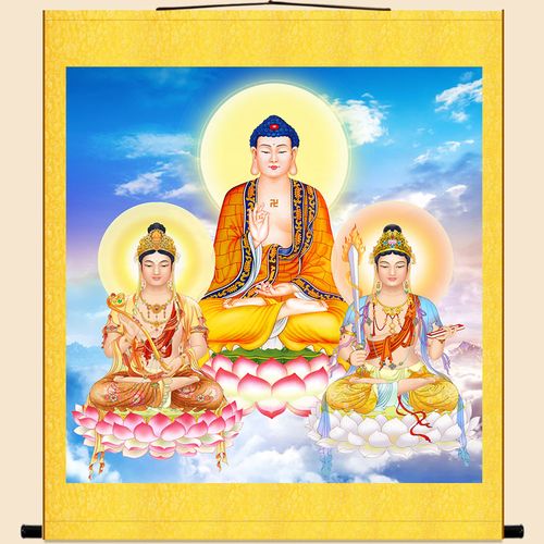 华严三圣画像 释迦牟尼佛祖文殊普贤菩萨挂画 佛堂供奉佛像卷轴画