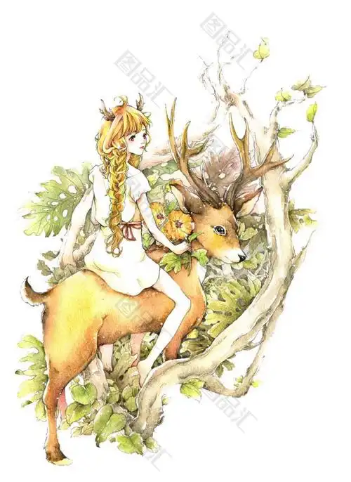 小女孩骑着鹿素材