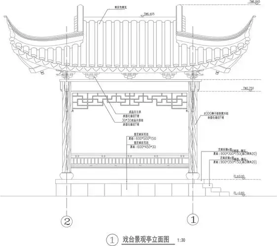 戏台景观亭立面图