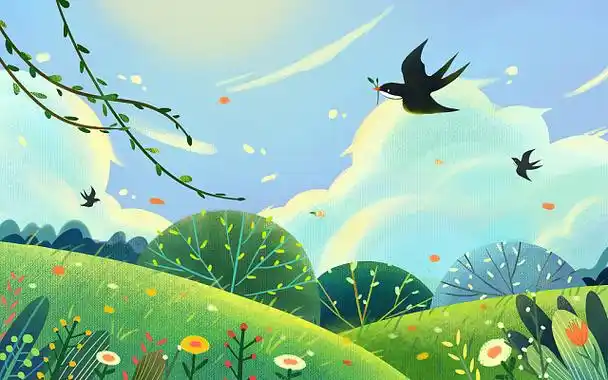 卡通春天 燕子柳树 清新唯美 psd素材插画卡通春天燕子插画